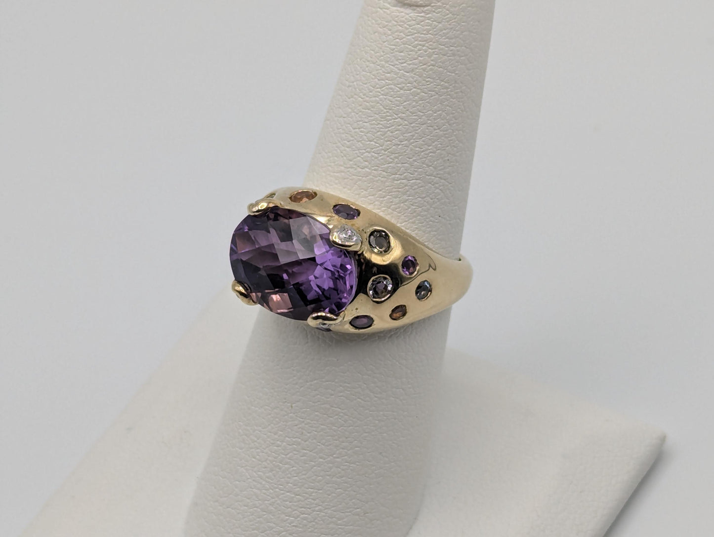 10k Gold Purple Amethyst Diamond Multi Stone Ring Vintage Cocktail Statement Ring.