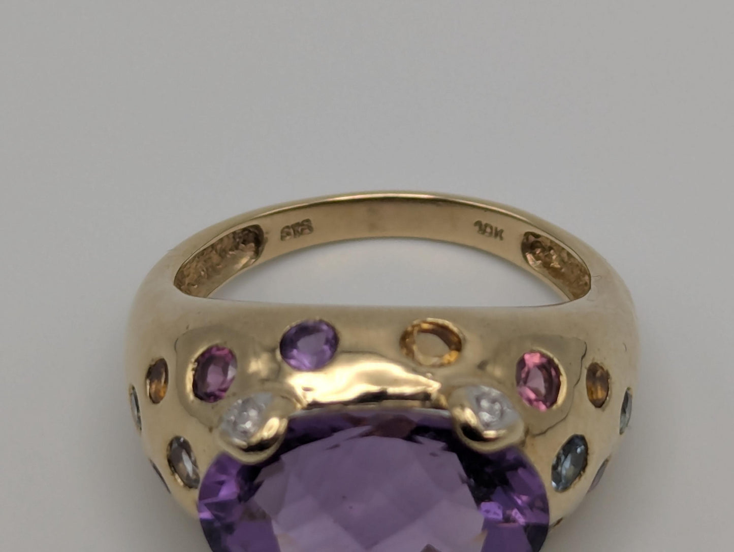 10k Gold Purple Amethyst Diamond Multi Stone Ring Vintage Cocktail Statement Ring.