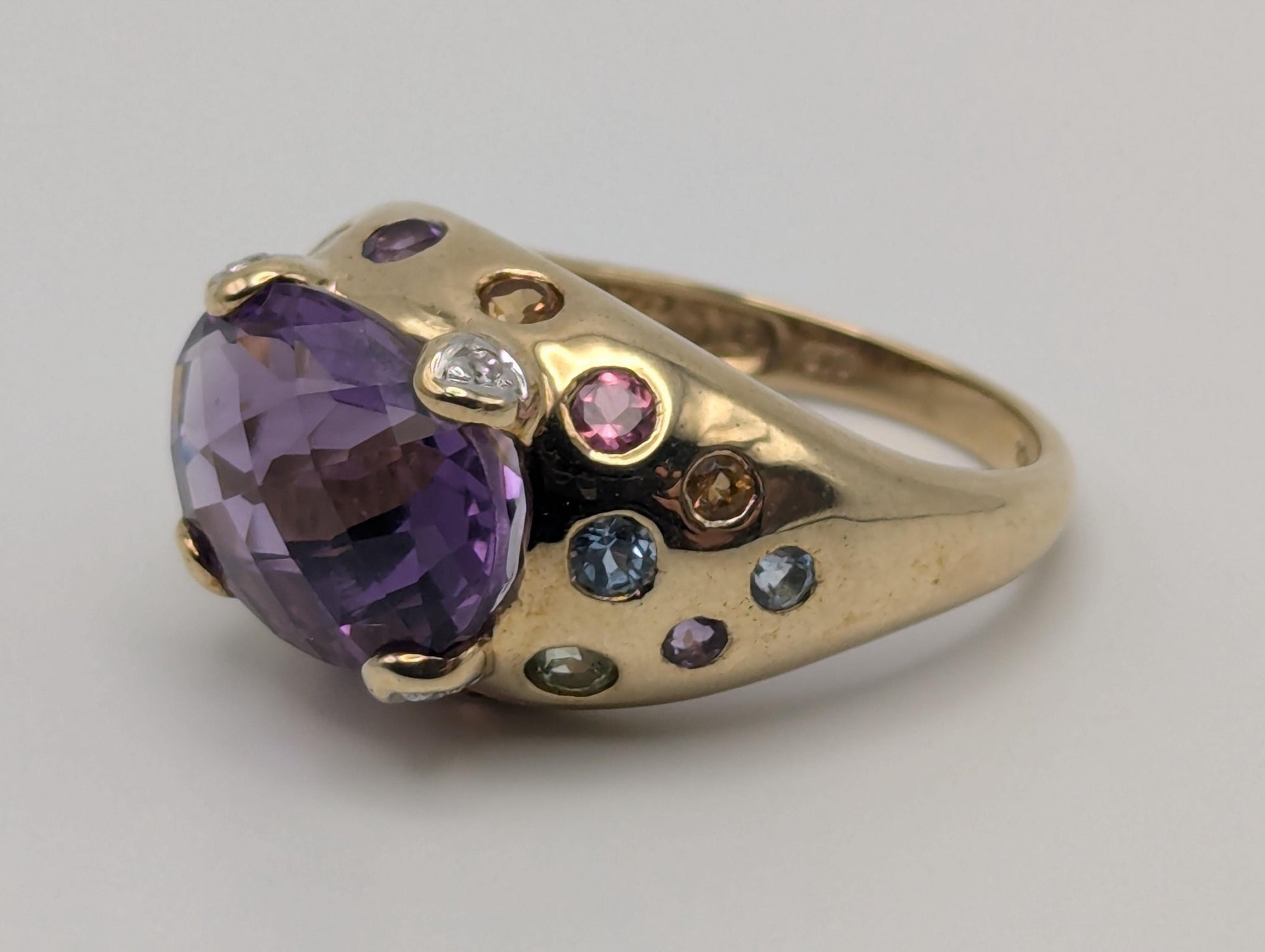 10k Gold Purple Amethyst Diamond Multi Stone Ring Vintage Cocktail Statement Ring.
