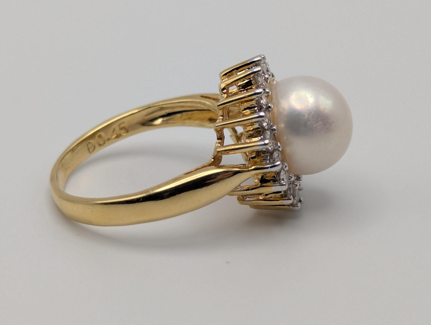 18k Pearl and Diamond Yellow Gold Cluster Ring. Flower Cocktail Ring. Statement Ring.