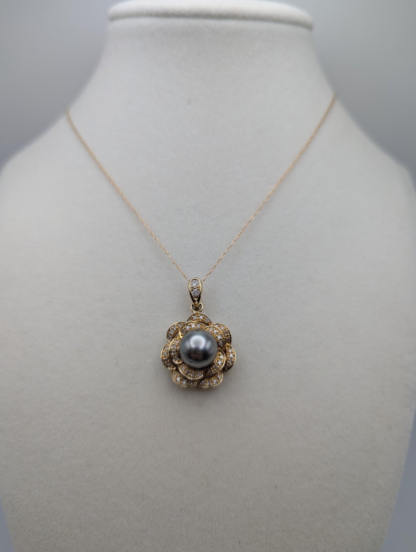14k Yellow Gold 10mm Tahitian Pearl Diamond .35 ctw Necklace Pearl Cluster Diamond Necklace.