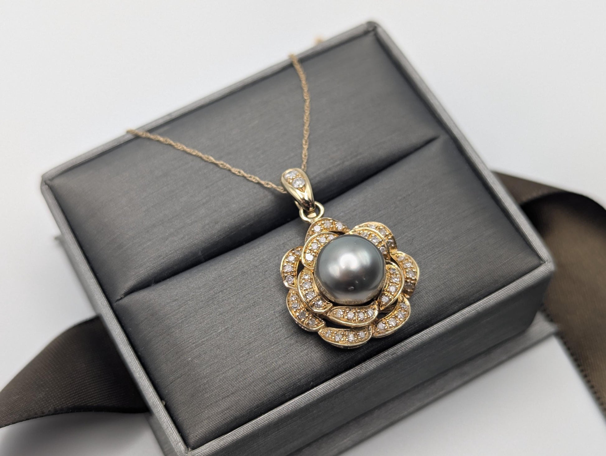 14k Yellow Gold 10mm Tahitian Pearl Diamond .35 ctw Necklace Pearl Cluster Diamond Necklace.