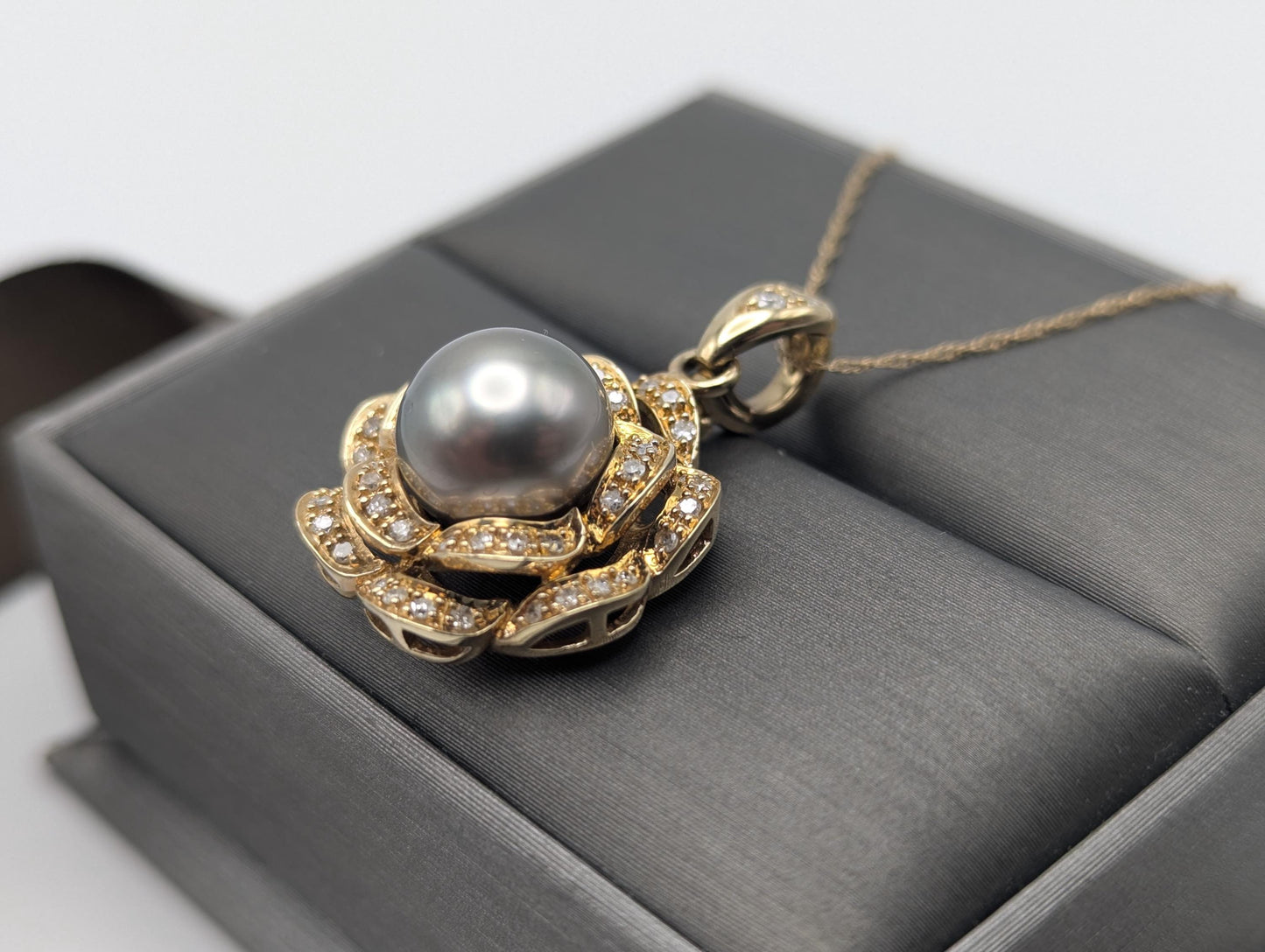 14k Yellow Gold 10mm Tahitian Pearl Diamond .35 ctw Necklace Pearl Cluster Diamond Necklace.