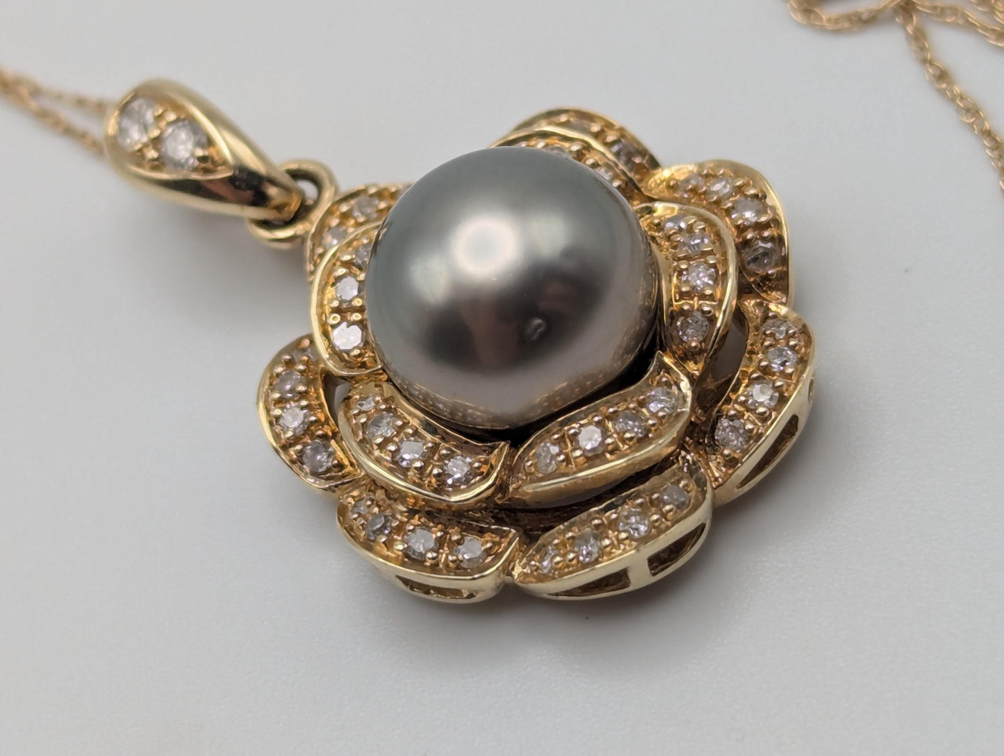 14k Yellow Gold 10mm Tahitian Pearl Diamond .35 ctw Necklace Pearl Cluster Diamond Necklace.
