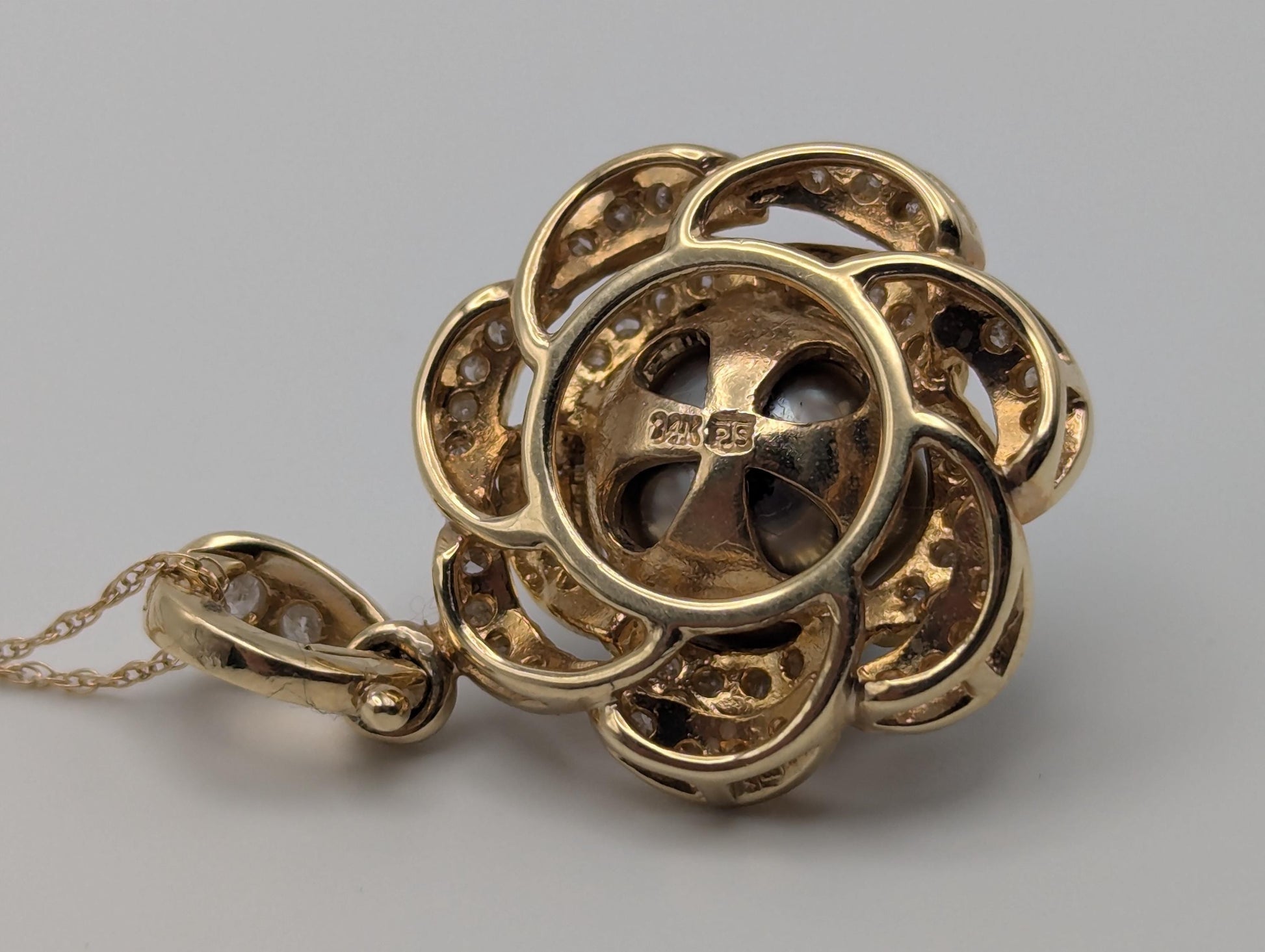 14k Yellow Gold 10mm Tahitian Pearl Diamond .35 ctw Necklace Pearl Cluster Diamond Necklace.