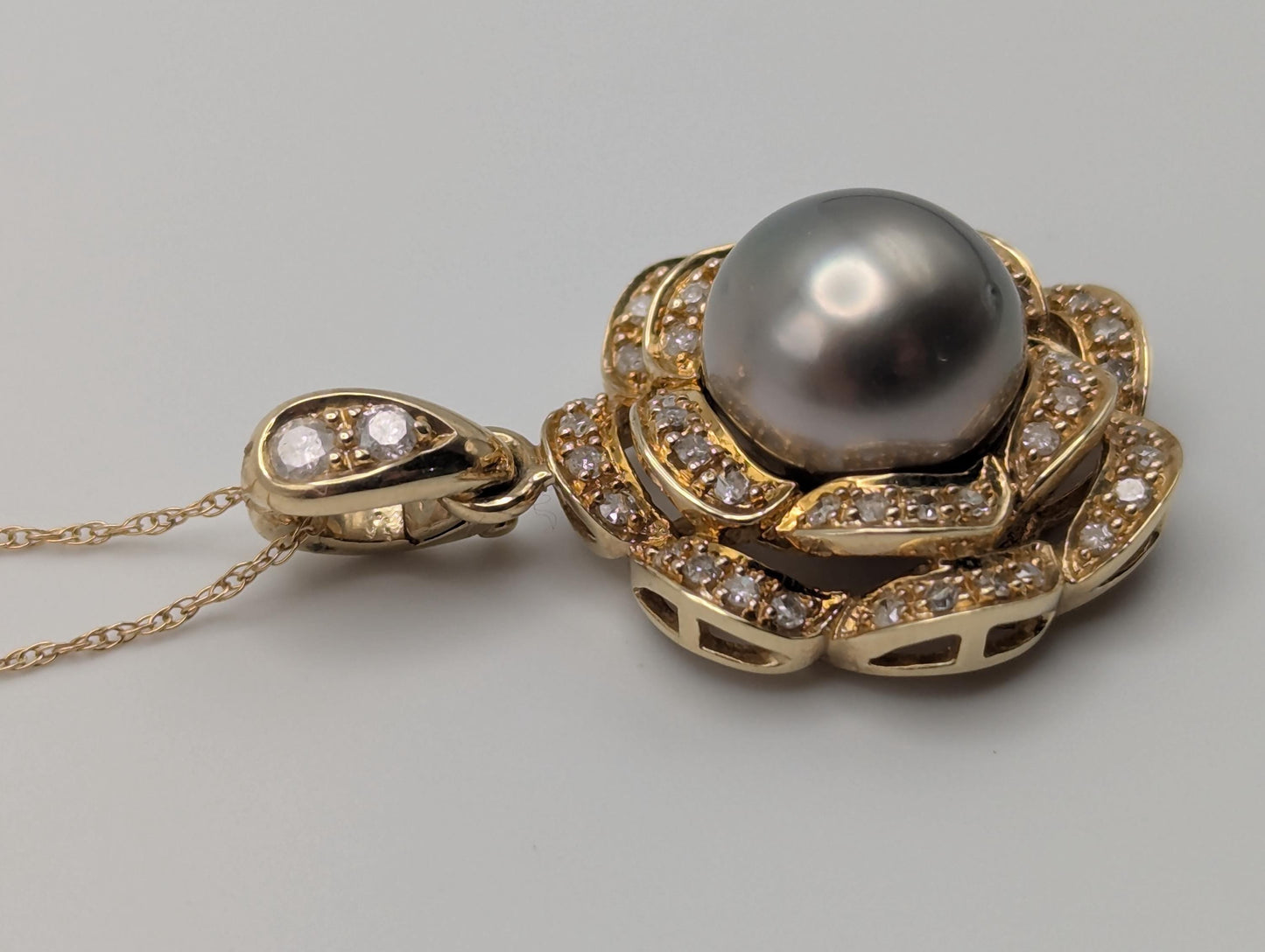 14k Yellow Gold 10mm Tahitian Pearl Diamond .35 ctw Necklace Pearl Cluster Diamond Necklace.