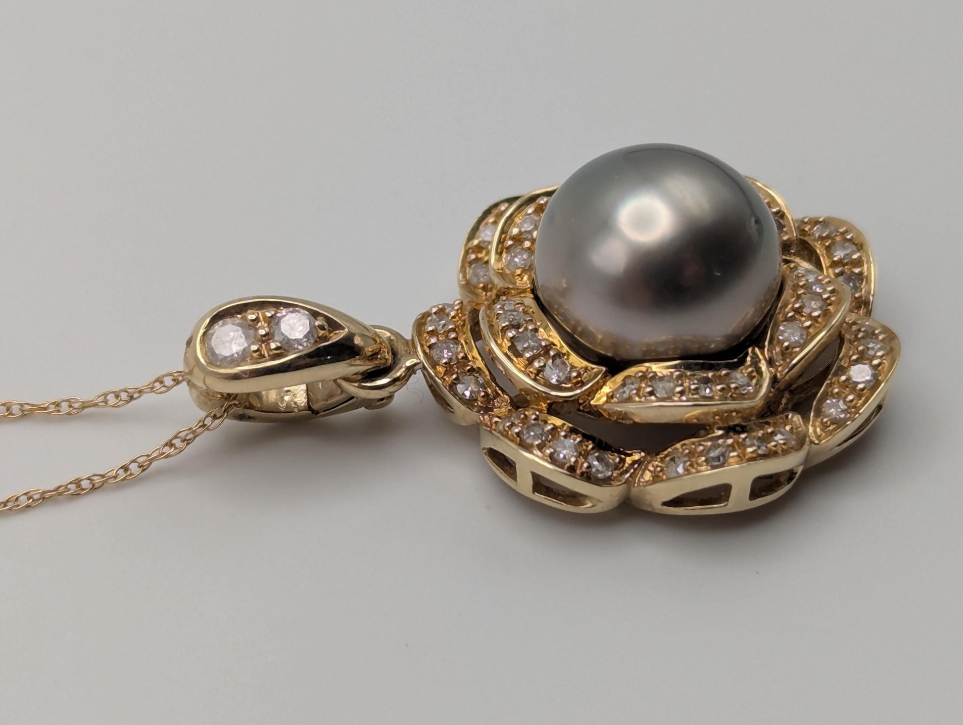 14k Yellow Gold 10mm Tahitian Pearl Diamond .35 ctw Necklace Pearl Cluster Diamond Necklace.