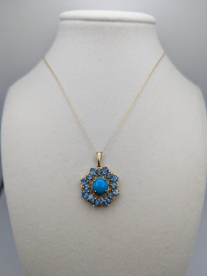 10k Solid Gold Flower Cluster Turquoise Blue Spinels Necklace. Cluster Spinel Necklace.