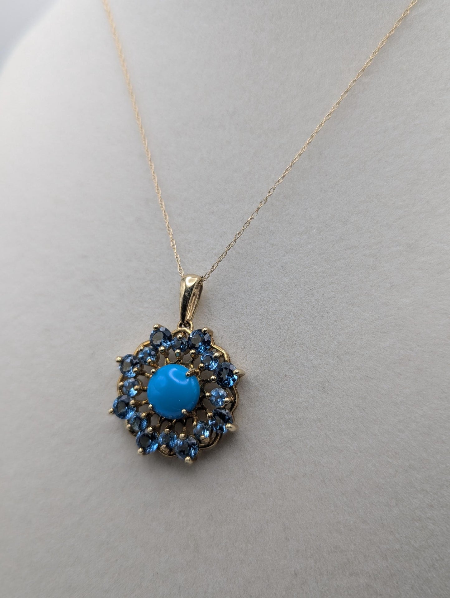 10k Solid Gold Flower Cluster Turquoise Blue Spinels Necklace. Cluster Spinel Necklace.