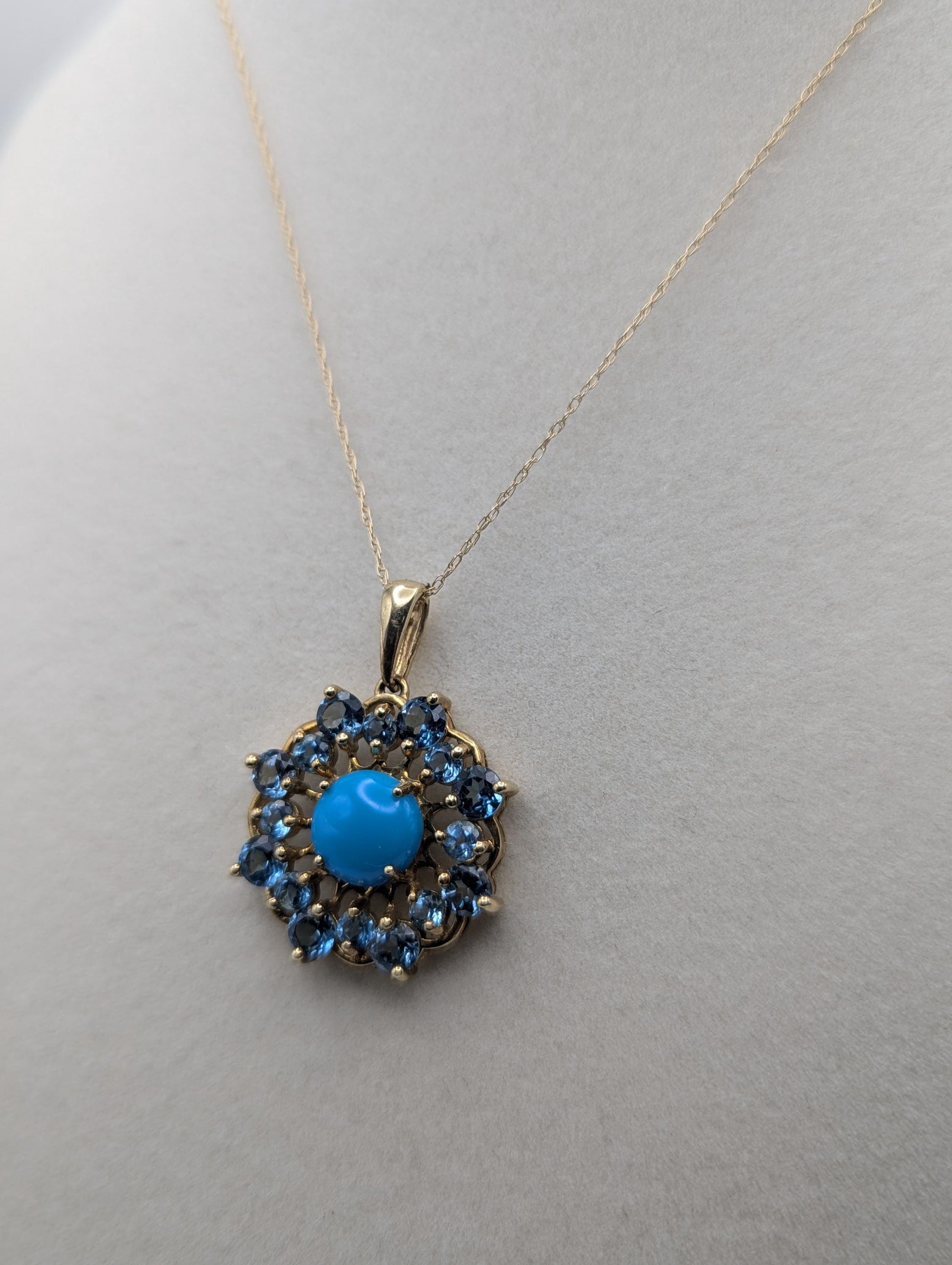 10k Solid Gold Flower Cluster Turquoise Blue Spinels Necklace. Cluster Spinel Necklace.