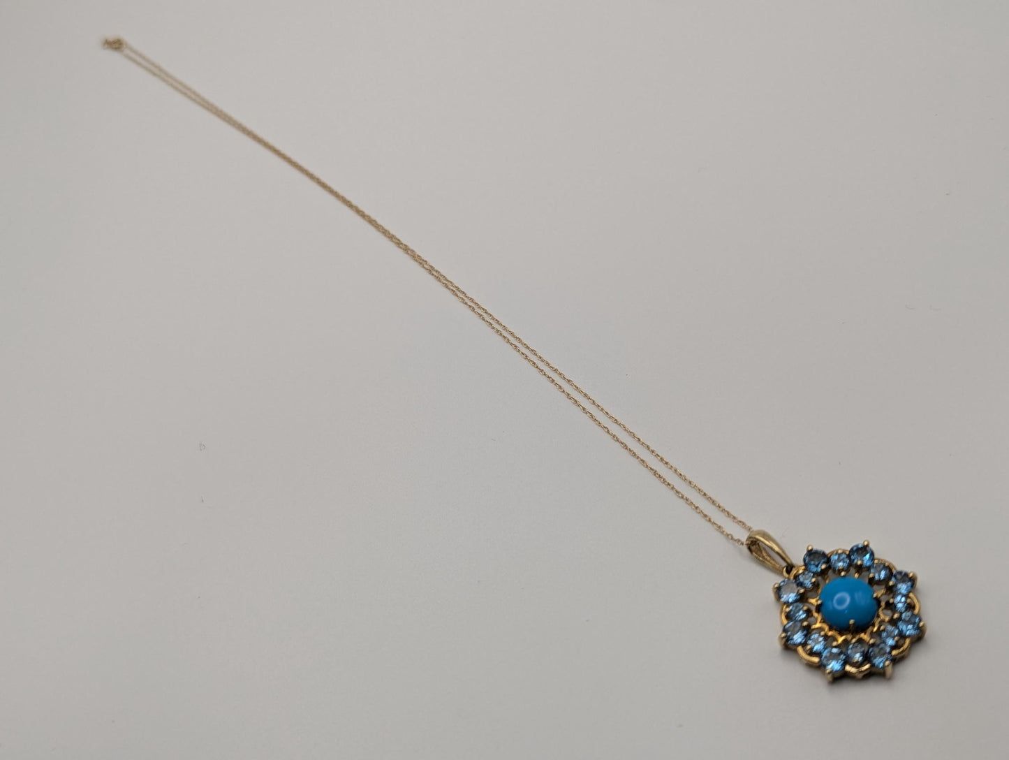 10k Solid Gold Flower Cluster Turquoise Blue Spinels Necklace. Cluster Spinel Necklace.