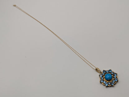 10k Solid Gold Flower Cluster Turquoise Blue Spinels Necklace. Cluster Spinel Necklace.