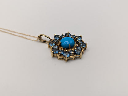 10k Solid Gold Flower Cluster Turquoise Blue Spinels Necklace. Cluster Spinel Necklace.