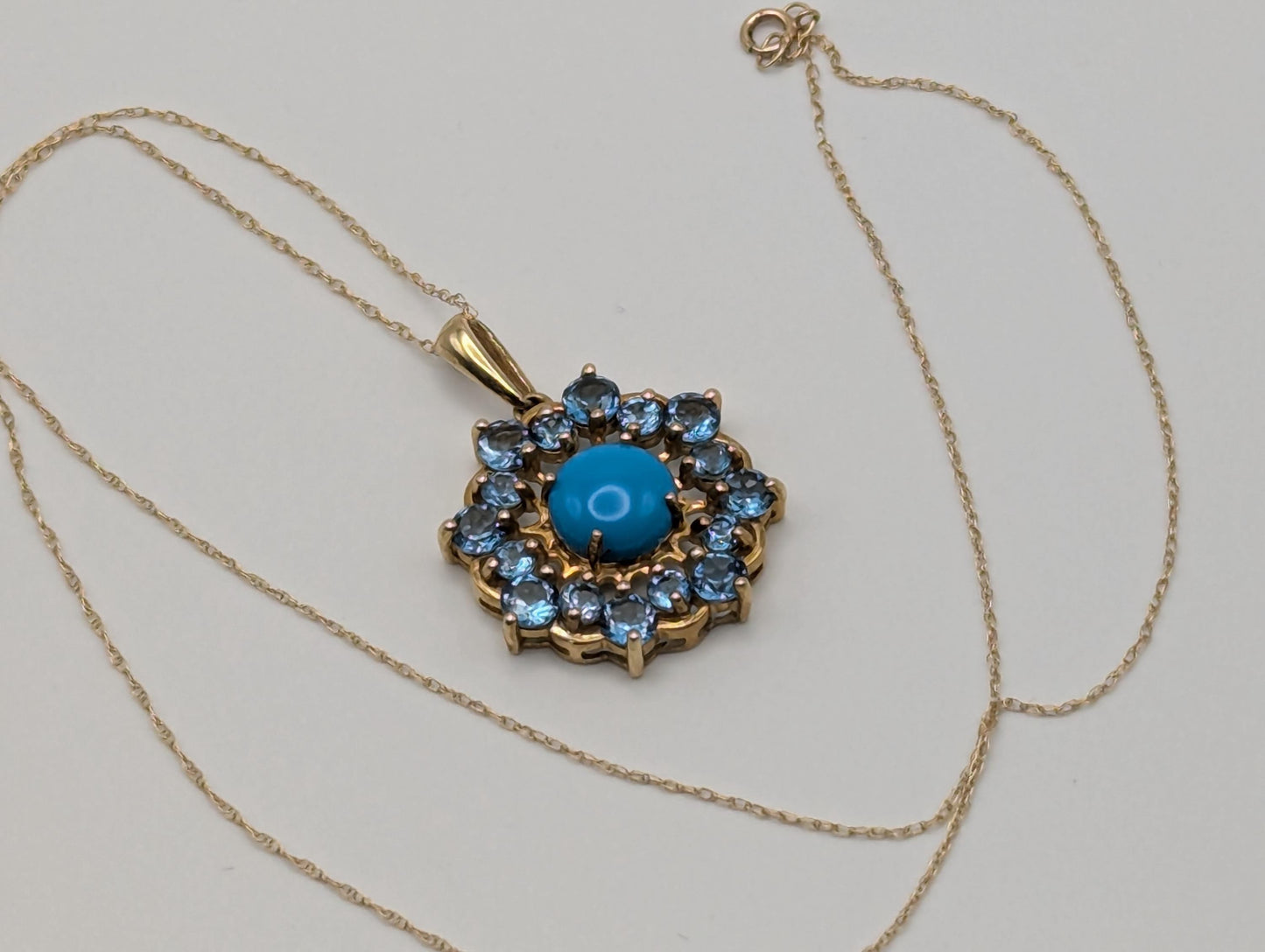 10k Solid Gold Flower Cluster Turquoise Blue Spinels Necklace. Cluster Spinel Necklace.