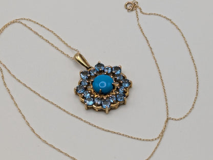 10k Solid Gold Flower Cluster Turquoise Blue Spinels Necklace. Cluster Spinel Necklace.