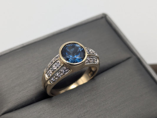 10k Yellow Gold Blue Topaz and Spinel Ring Statement Cocktail Pinky Signet Ring.