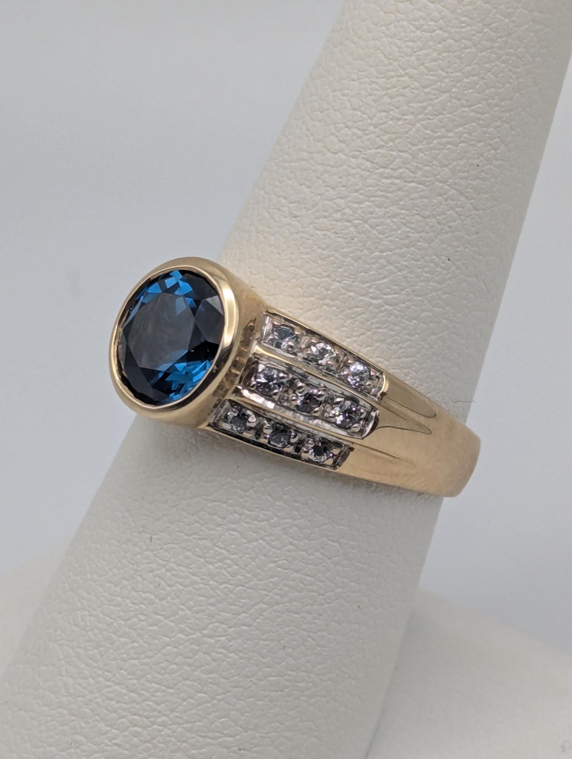 10k Yellow Gold Blue Topaz and Spinel Ring Statement Cocktail Pinky Signet Ring.