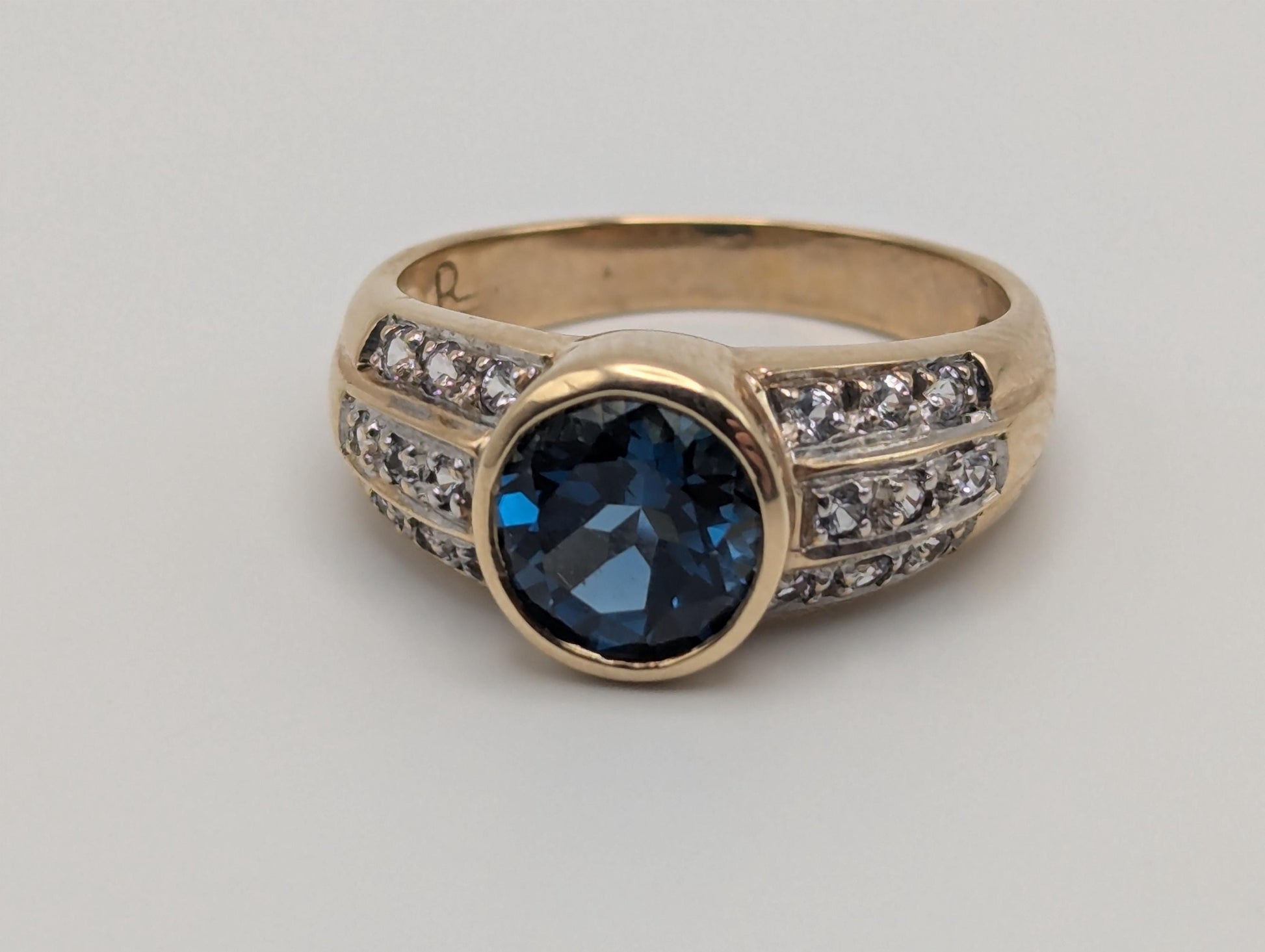 10k Yellow Gold Blue Topaz and Spinel Ring Statement Cocktail Pinky Signet Ring.