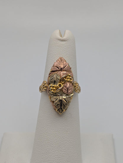 Large Black Hills Gold 10k 12k Multi-tone Signet Ring BHG Rose Gold Shield Vine Ring.