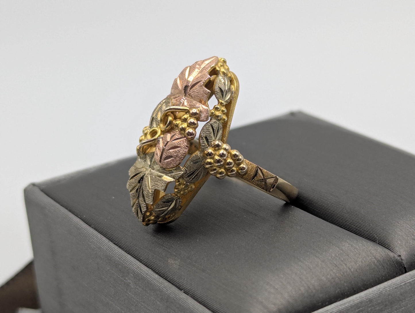 Large Black Hills Gold 10k 12k Multi-tone Signet Ring BHG Rose Gold Shield Vine Ring.