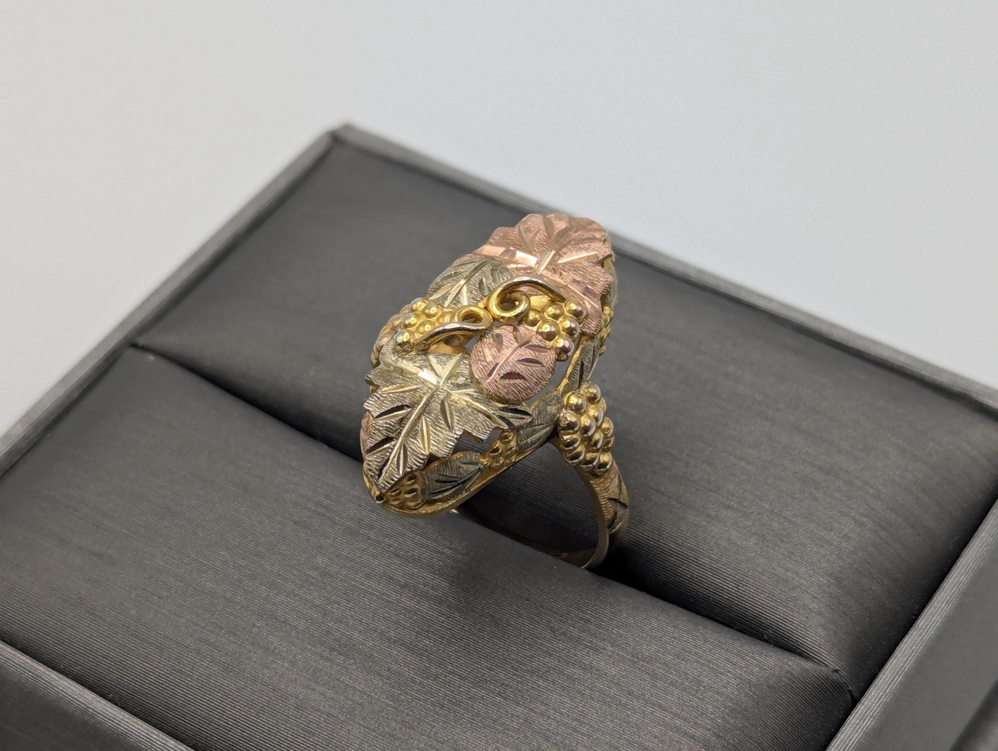 Large Black Hills Gold 10k 12k Multi-tone Signet Ring BHG Rose Gold Shield Vine Ring.