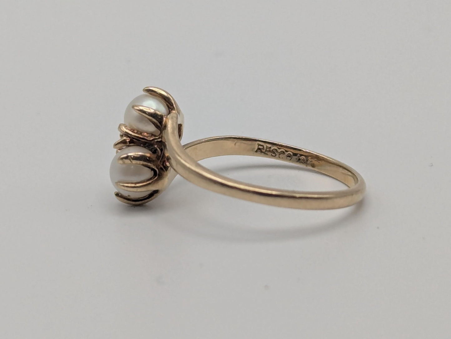 10k Yellow Gold Vintage Pearl Cluster Ring. Promise Double Pearl Ring.