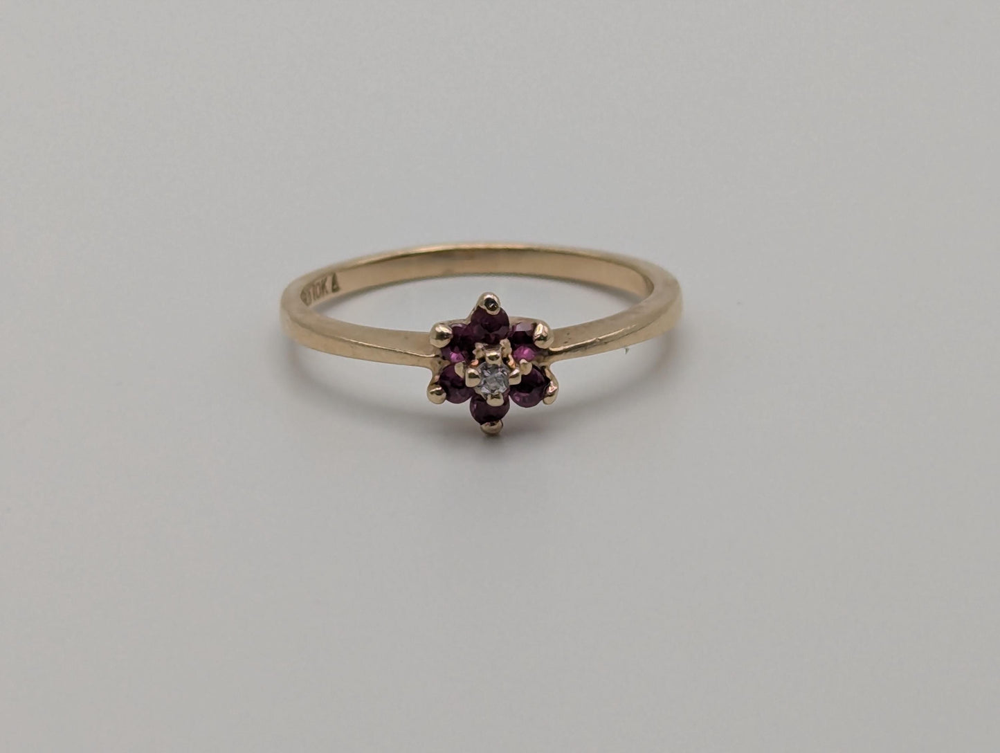 10k Flower Diamond Ruby Ring. Yellow Gold Dainty Daisy Promise Love Ring