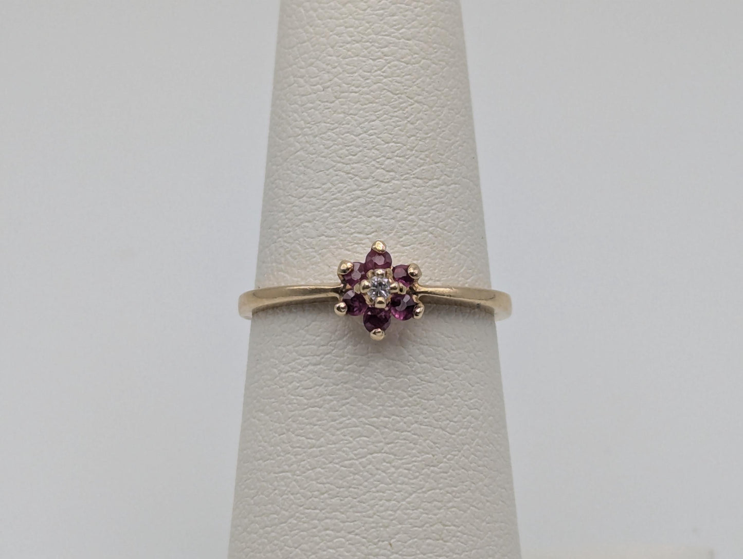 10k Flower Diamond Ruby Ring. Yellow Gold Dainty Daisy Promise Love Ring