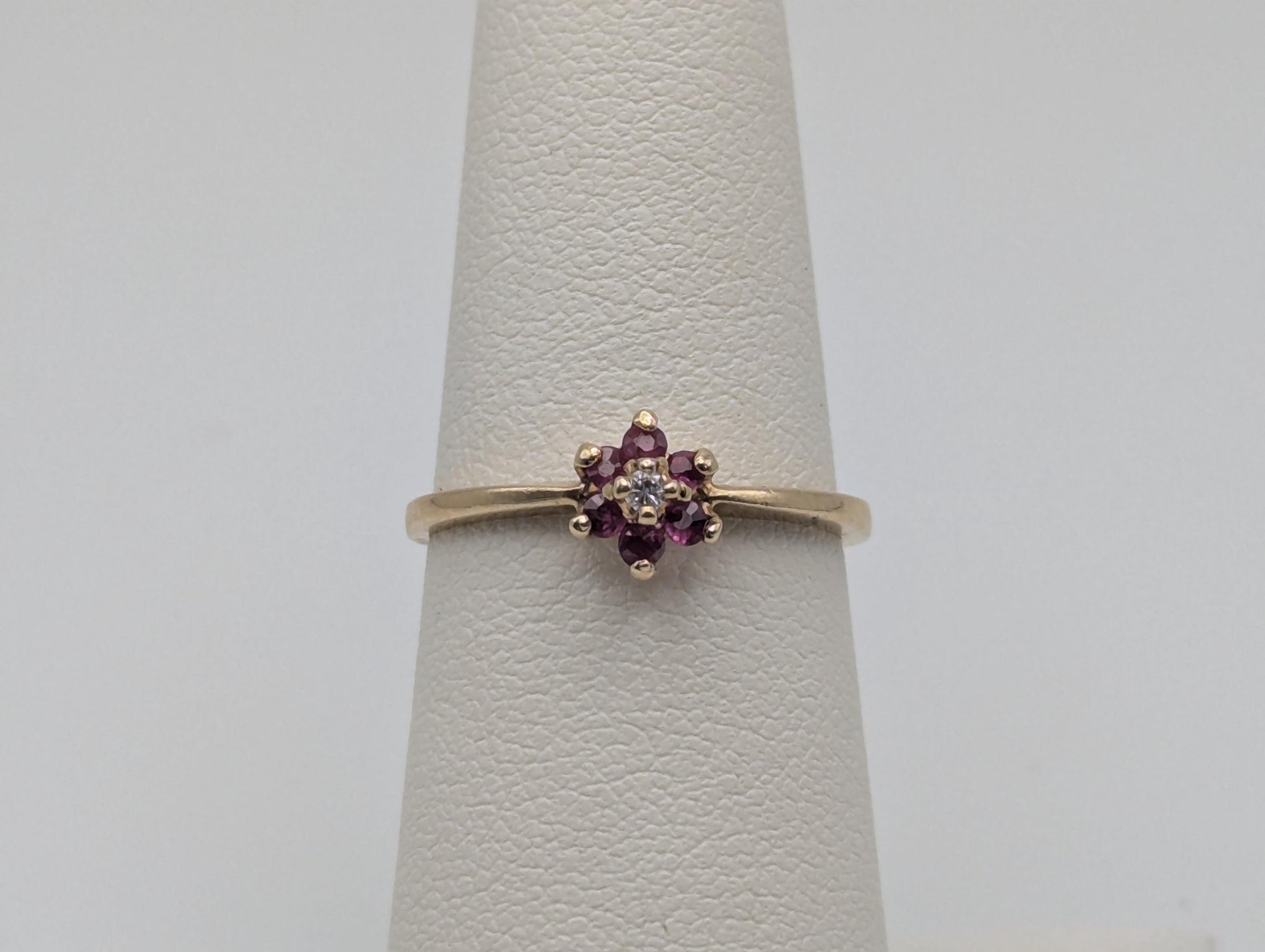 10k Flower Diamond Ruby Ring. Yellow Gold Dainty Daisy Promise Love Ring