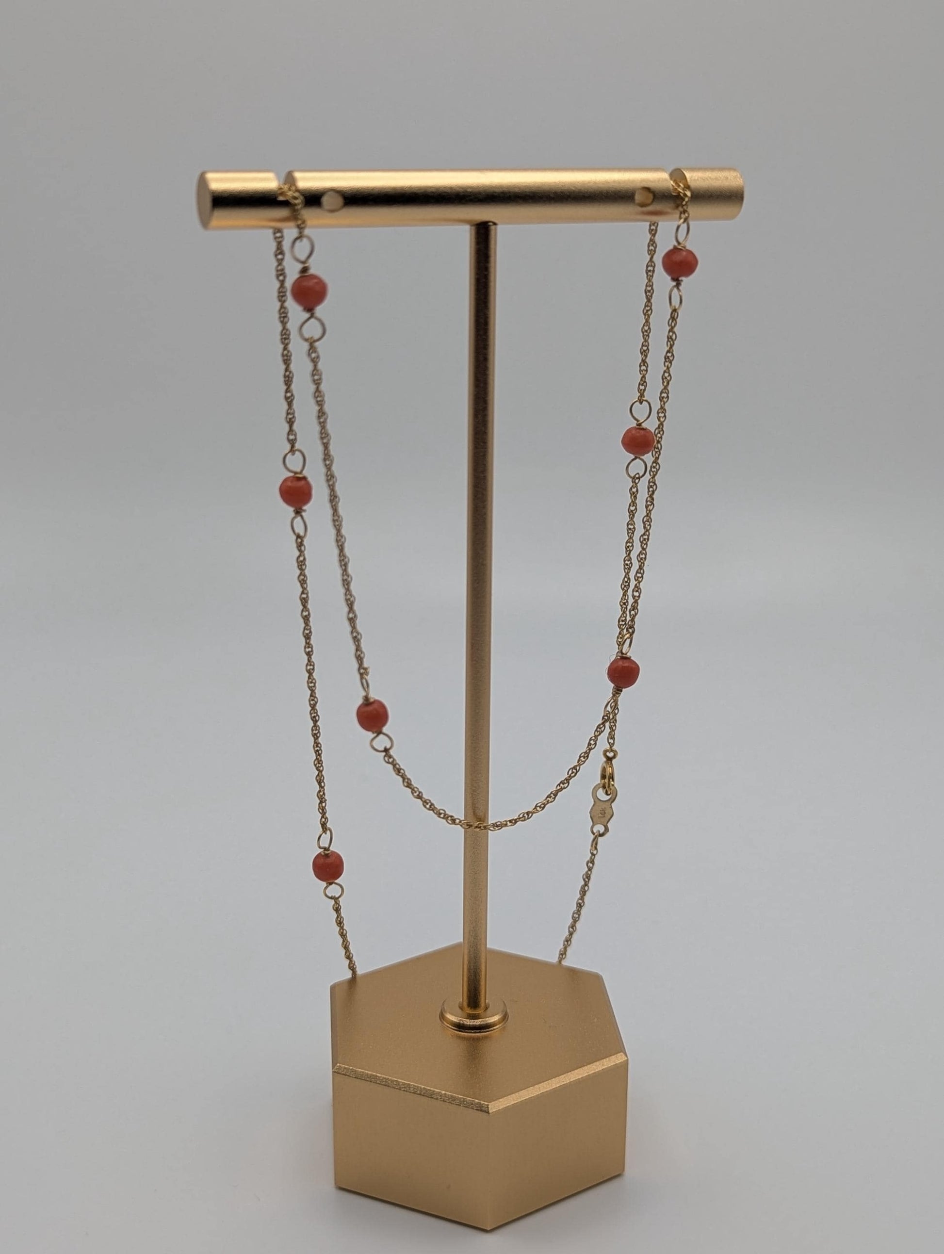 14k Yellow Solid Gold Pink Coral Rope Necklace. Coral Bead Gold Chain Necklace.