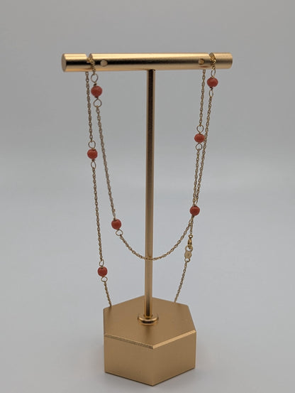 14k Yellow Solid Gold Pink Coral Rope Necklace. Coral Bead Gold Chain Necklace.