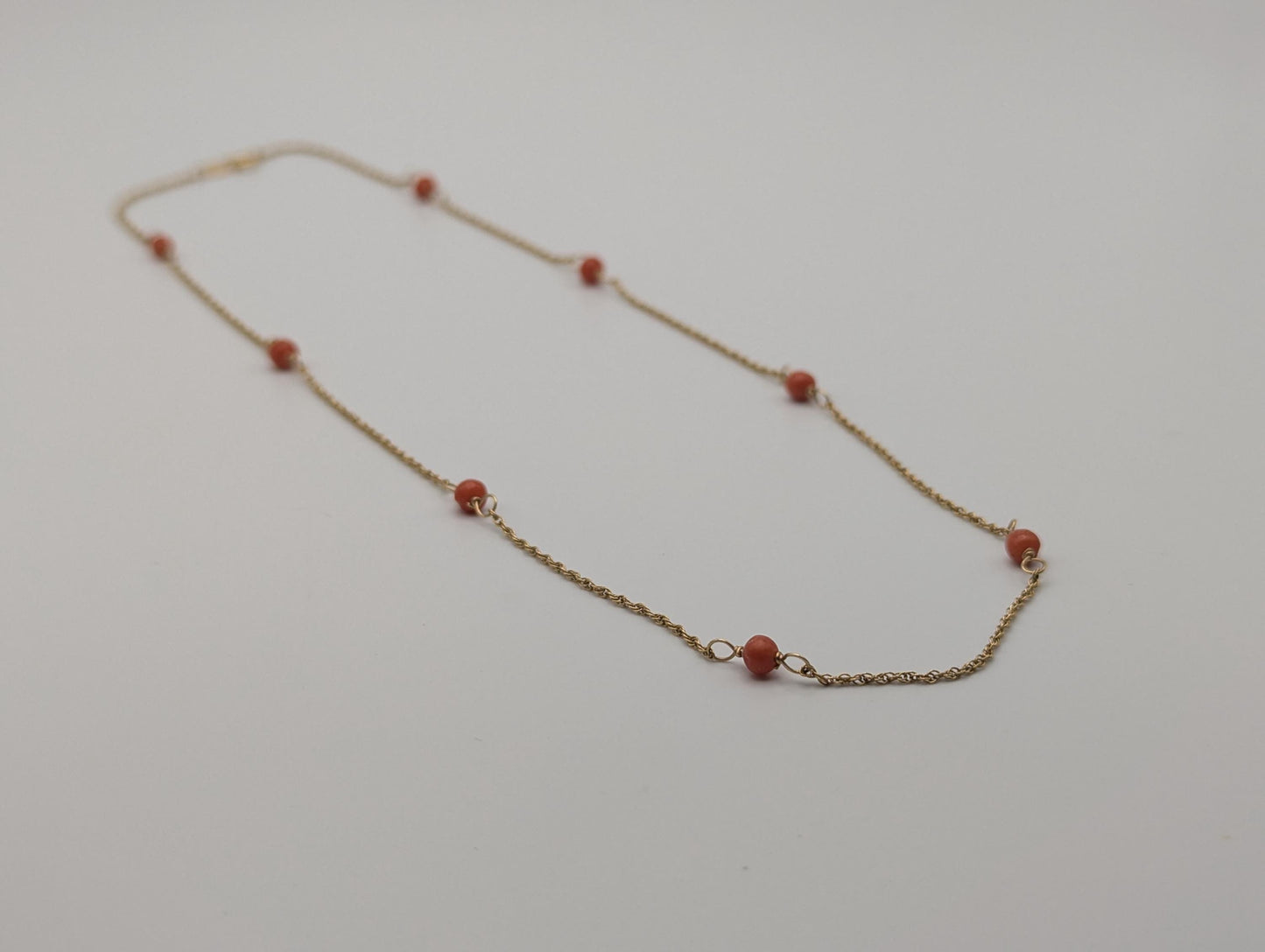 14k Yellow Solid Gold Pink Coral Rope Necklace. Coral Bead Gold Chain Necklace.