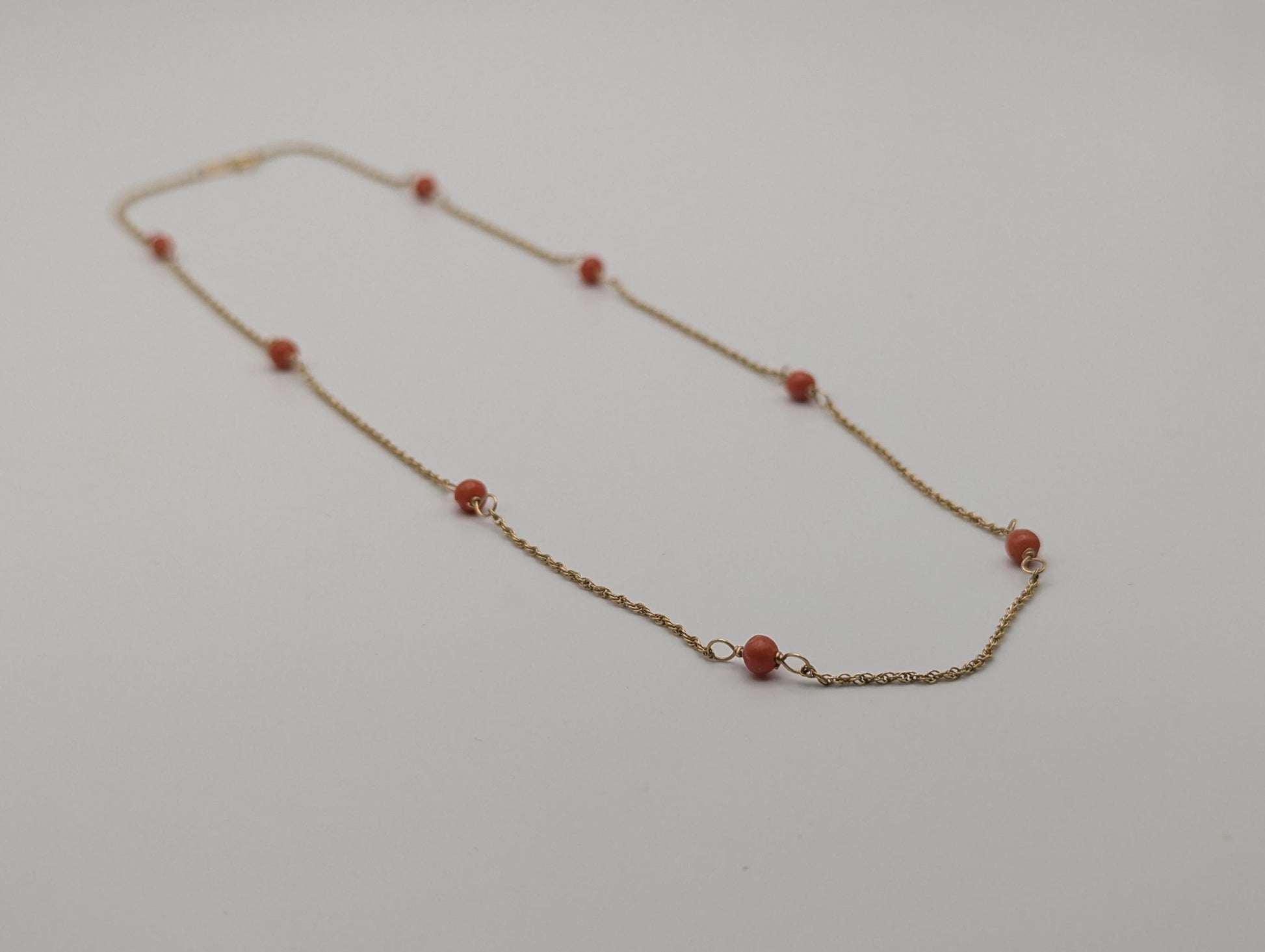 14k Yellow Solid Gold Pink Coral Rope Necklace. Coral Bead Gold Chain Necklace.