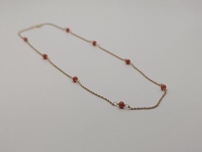14k Yellow Solid Gold Pink Coral Rope Necklace. Coral Bead Gold Chain Necklace.