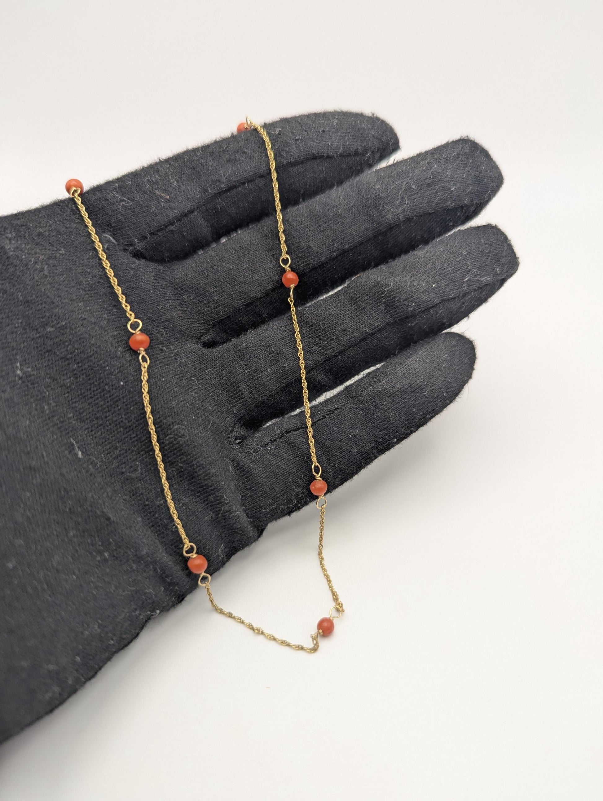 14k Yellow Solid Gold Pink Coral Rope Necklace. Coral Bead Gold Chain Necklace.