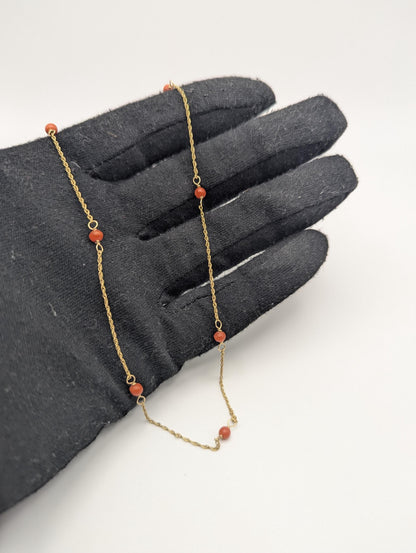 14k Yellow Solid Gold Pink Coral Rope Necklace. Coral Bead Gold Chain Necklace.