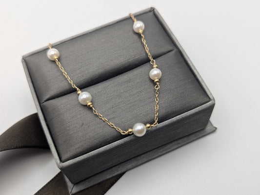 10k Yellow Gold Pearl Bracelets Women Bracelet 7" Pearl Chain Link Bracelet