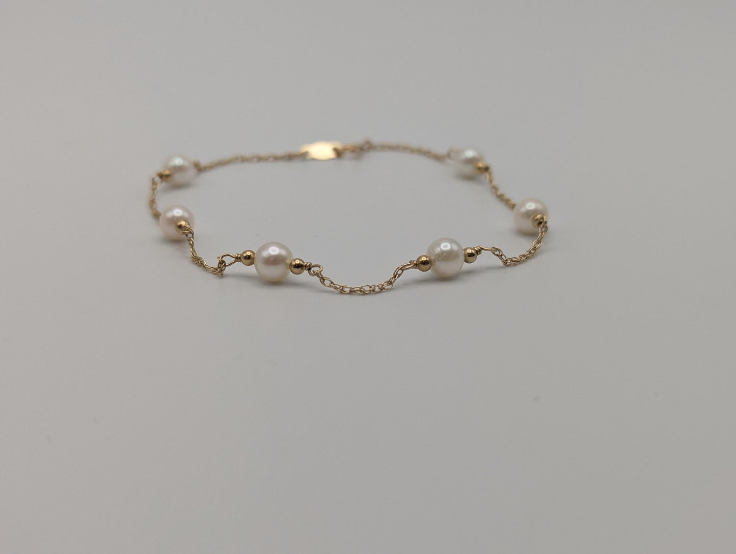10k Yellow Gold Pearl Bracelets Women Bracelet 7" Pearl Chain Link Bracelet