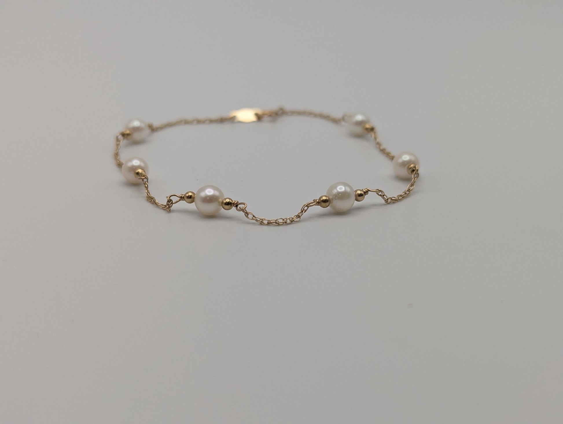 10k Yellow Gold Pearl Bracelets Women Bracelet 7" Pearl Chain Link Bracelet