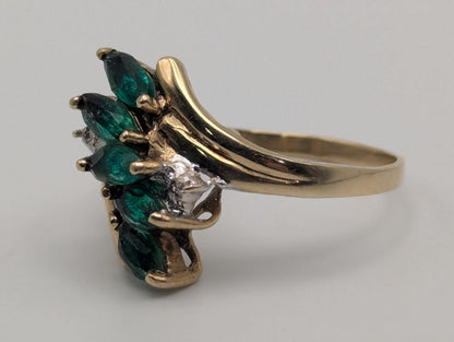 10k Yellow Gold Emerald and Diamond Statement Cocktail Multi-Stone Ring.