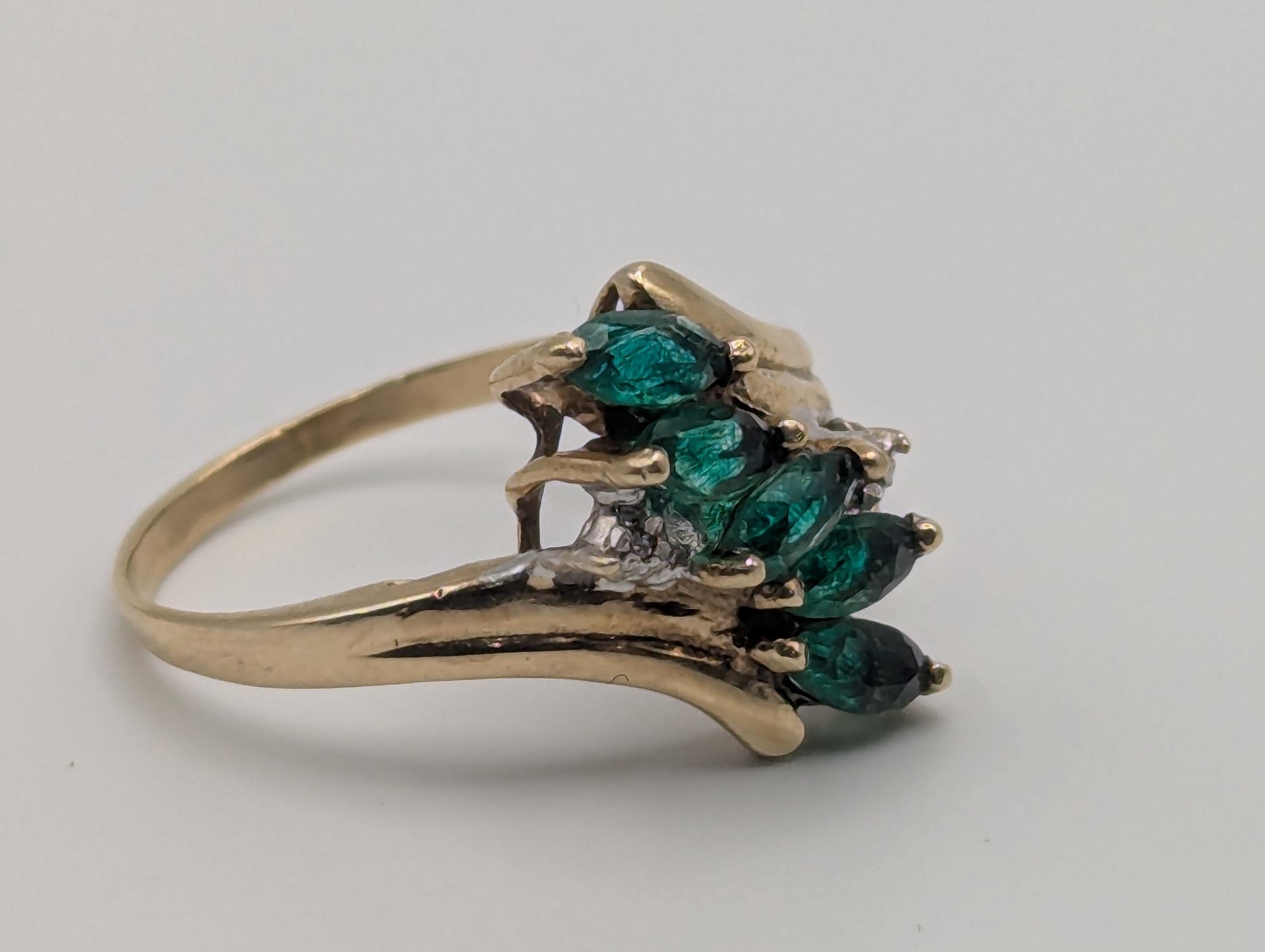 10k Yellow Gold Emerald and Diamond Statement Cocktail Multi-Stone Ring.