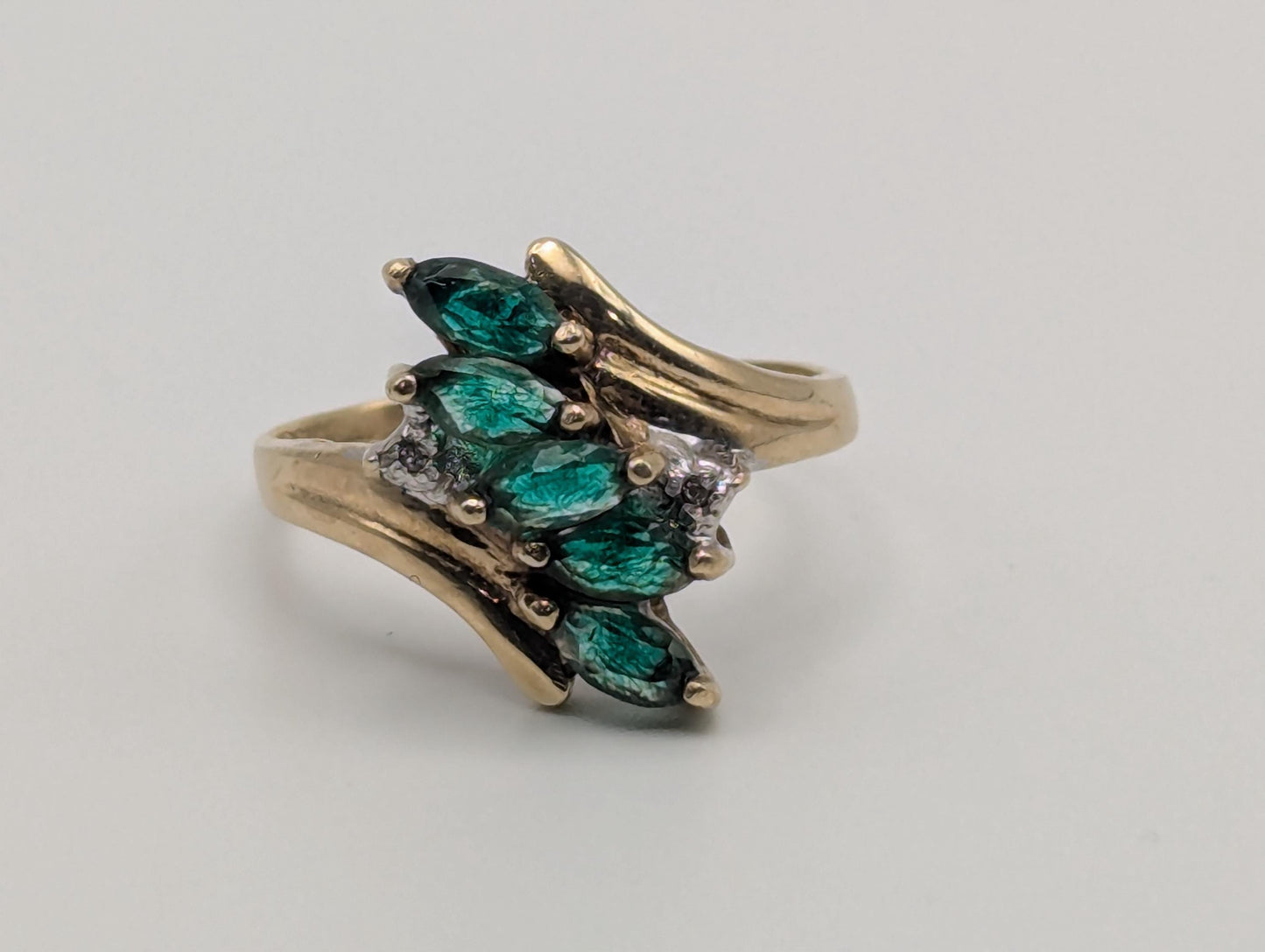 10k Yellow Gold Emerald and Diamond Statement Cocktail Multi-Stone Ring.