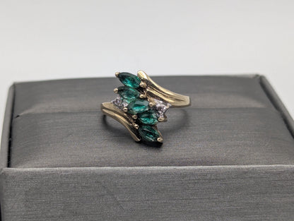 10k Yellow Gold Emerald and Diamond Statement Cocktail Multi-Stone Ring.