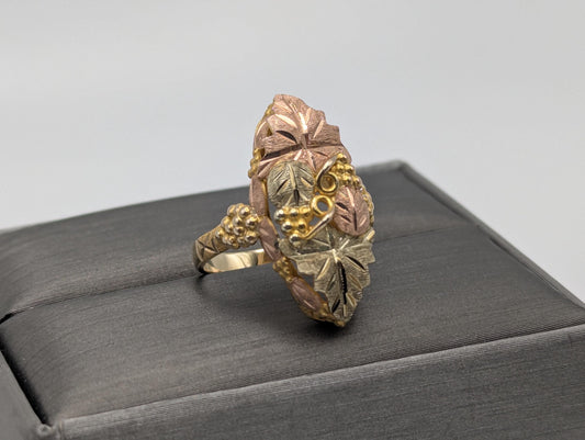 Large Black Hills Gold 10k 12k Multi-tone Signet Ring BHG Rose Gold Shield Vine Ring.