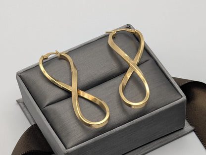 Large 14k ITALY Twisted Long Infinity Hoop Earrings Twisted Classic Dangle Hoops