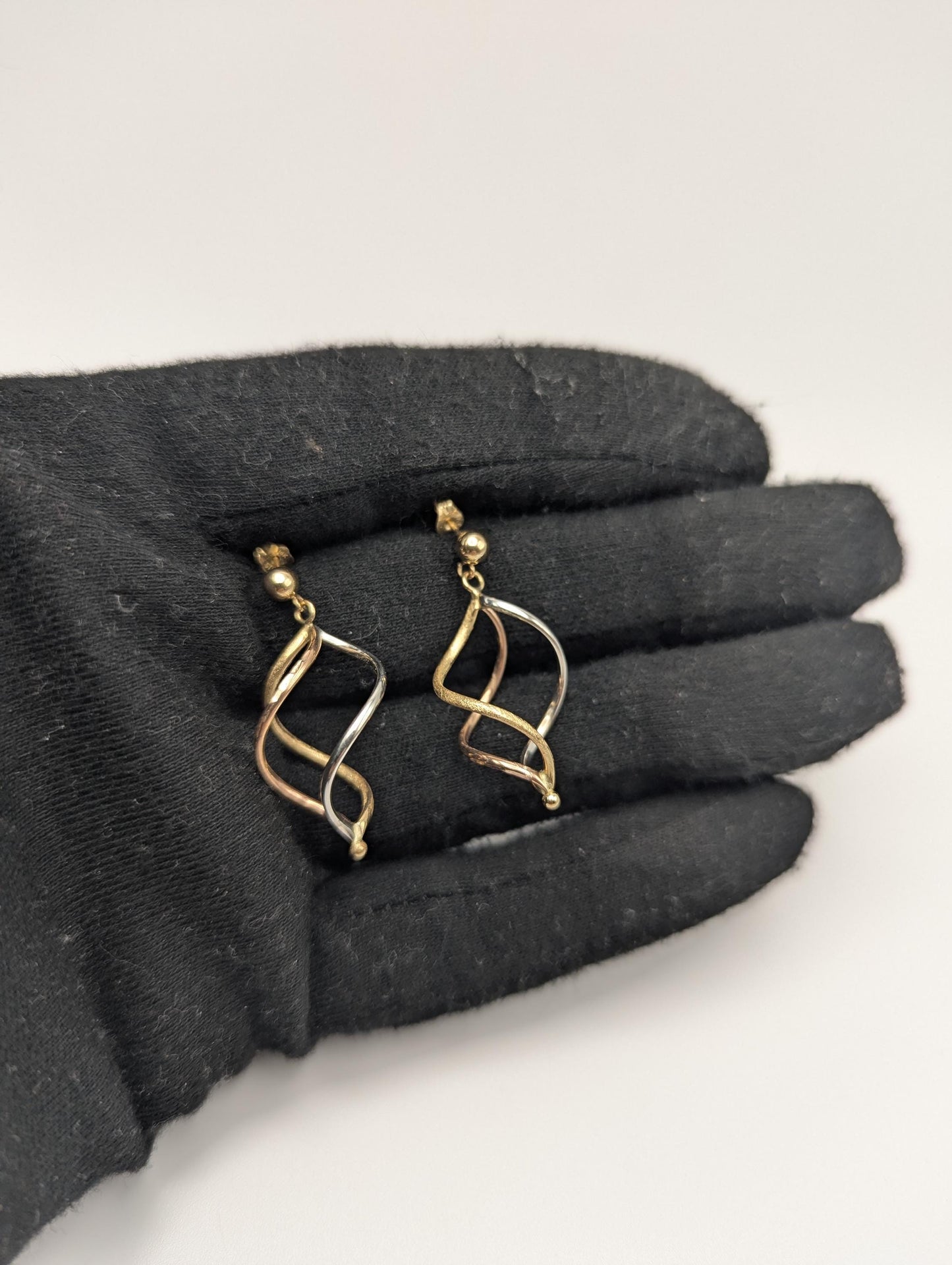 14k Multi-Gold Twisted Infinity Dangle Earrings. Twisted Classic Dangle Hoops.