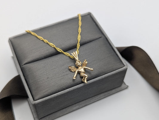 14K Yellow Gold Angel Pendant Necklace + Complimentary 18k GF 18" Chain