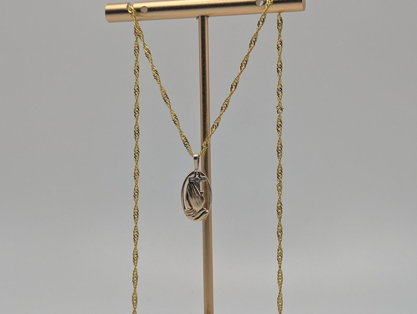 14K Yellow Gold Praying Hands Pendant Necklace + Complimentary 18k GF 18" Chain