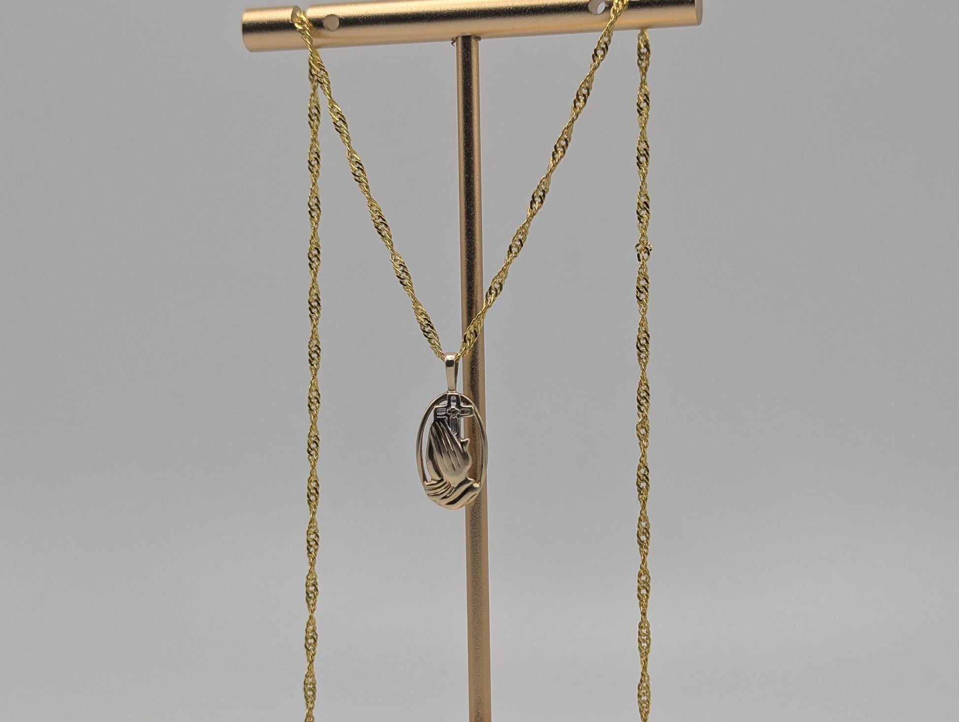 14K Yellow Gold Praying Hands Pendant Necklace + Complimentary 18k GF 18" Chain