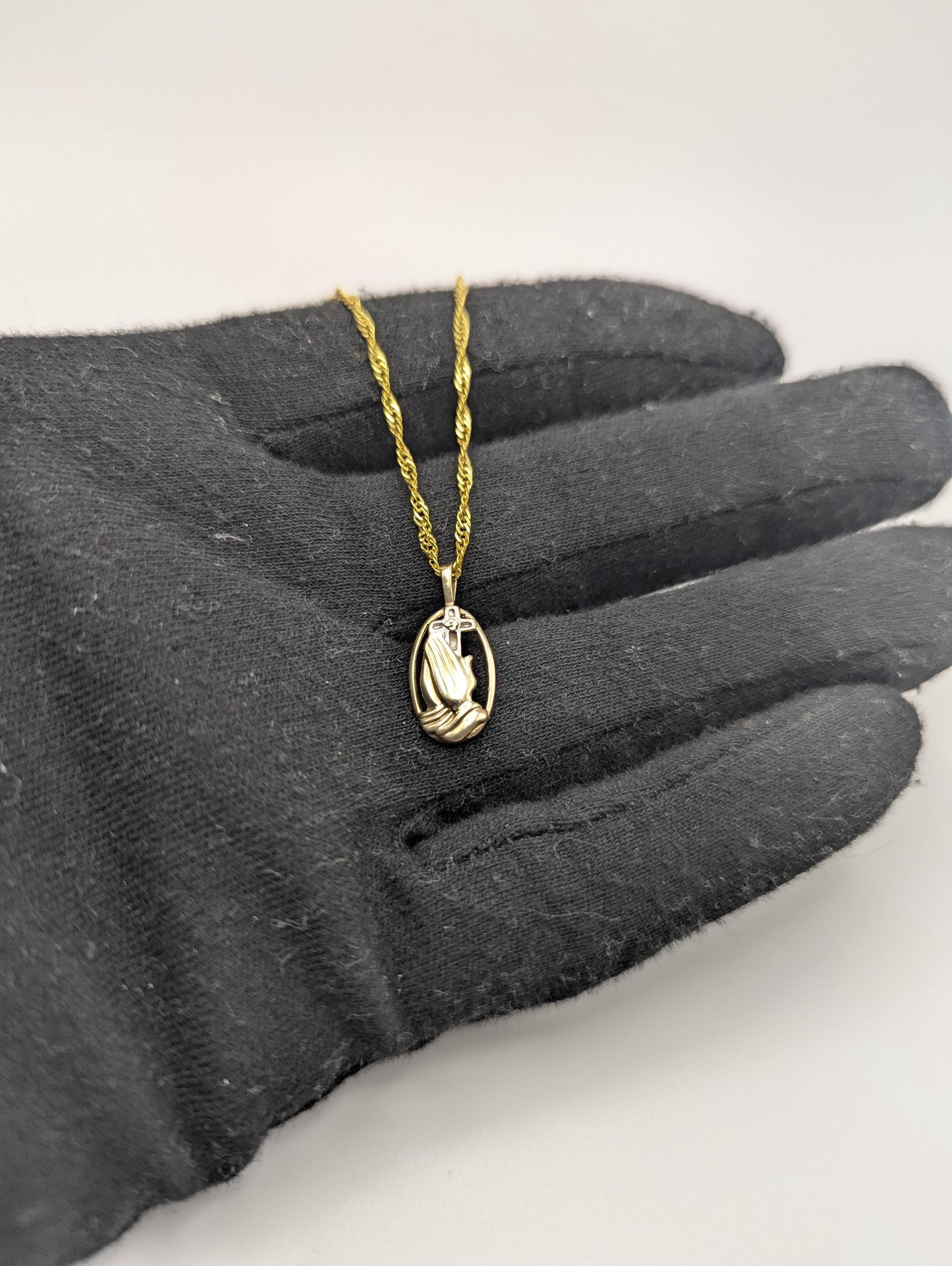 14K Yellow Gold Praying Hands Pendant Necklace + Complimentary 18k GF 18" Chain